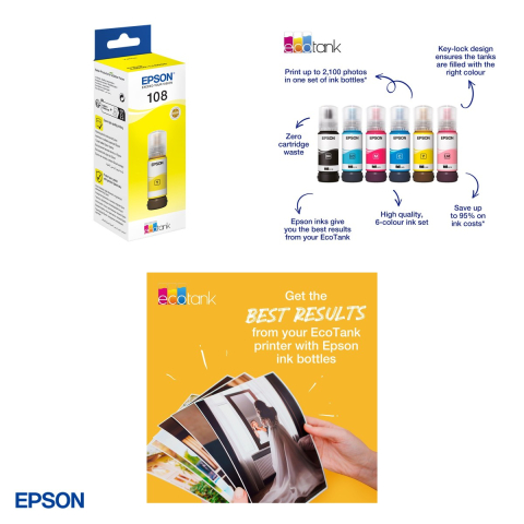 Set 2 x sticla de cerneala Epson 108 EcoTank, 70 ml, cerneala dye, randament 7.200 pagini, pentru L8050 si L18050, galben, C13T09C44A [3]