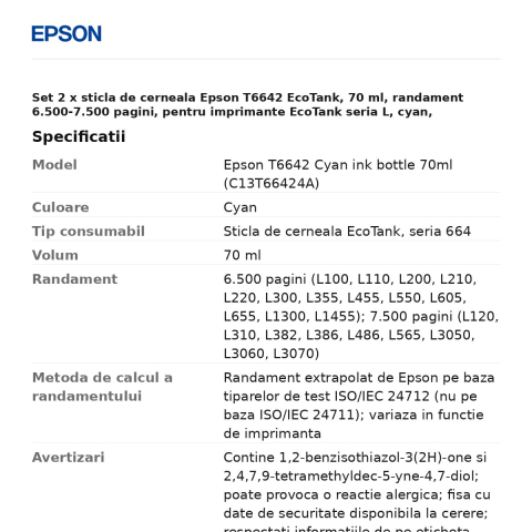 Set 2 x sticla de cerneala Epson T6642 EcoTank, 70 ml, randament 6.500-7.500 pagini, pentru imprimante EcoTank seria L, cyan, C13T66424A [2]