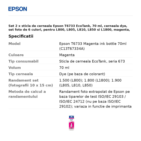 Set 2 x sticla de cerneala Epson T6733 EcoTank, 70 ml, cerneala dye, set foto de 6 culori, pentru L800, L805, L810, L850 si L1800, magenta, C13T67334A [2]