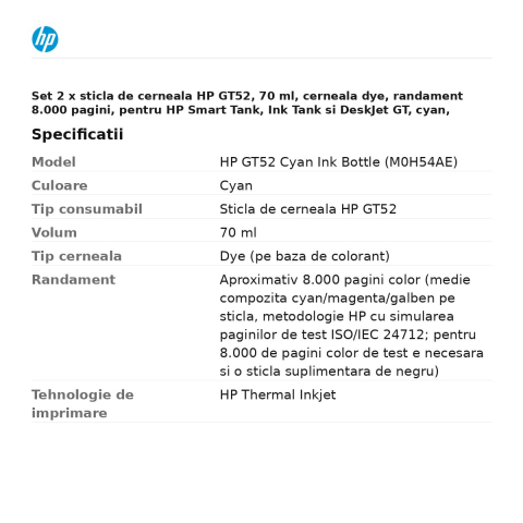 Set 2 x sticla de cerneala HP GT52, 70 ml, cerneala dye, randament 8.000 pagini, pentru HP Smart Tank, Ink Tank si DeskJet GT, cyan, M0H54AE [2]