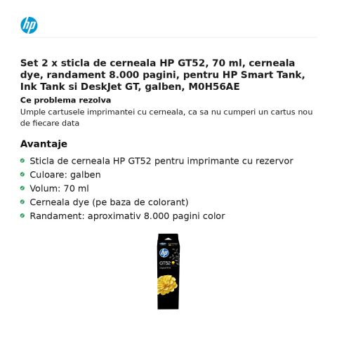 Set 2 x sticla de cerneala HP GT52, 70 ml, cerneala dye, randament 8.000 pagini, pentru HP Smart Tank, Ink Tank si DeskJet GT, galben, M0H56AE [1]