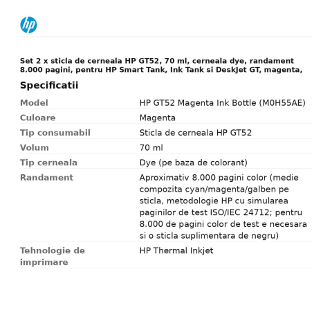 Set 2 x sticla de cerneala HP GT52, 70 ml, cerneala dye, randament 8.000 pagini, pentru HP Smart Tank, Ink Tank si DeskJet GT, magenta, M0H55AE [2]