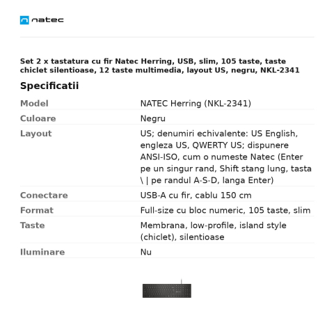 Set 2 x tastatura cu fir Natec Herring, USB, slim, 105 taste, taste chiclet silentioase, 12 taste multimedia, layout US, negru, NKL-2341 [2]