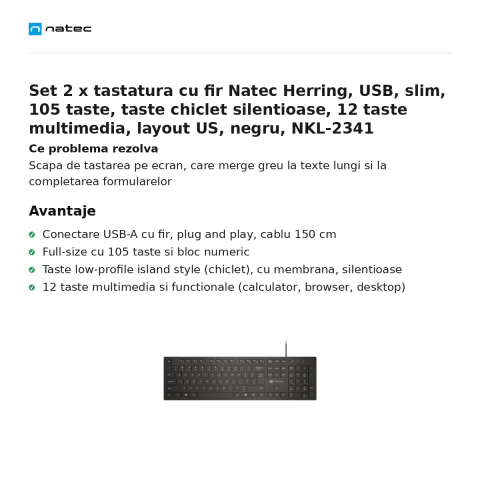 Set 2 x tastatura cu fir Natec Herring, USB, slim, 105 taste, taste chiclet silentioase, 12 taste multimedia, layout US, negru, NKL-2341 [1]