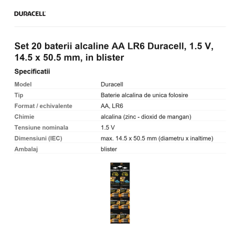 Set 20 baterii alcaline AA LR6 Duracell, 1.5 V, 14.5 x 50.5 mm, in blister [2]