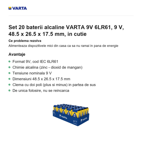 Set 20 baterii alcaline VARTA 9V 6LR61, 9 V, 48.5 x 26.5 x 17.5 mm, in cutie [1]