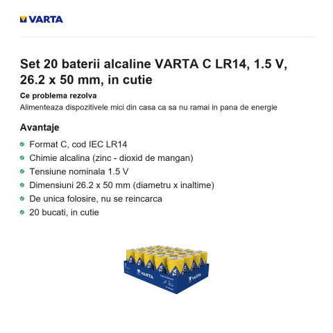 Set 20 baterii alcaline VARTA C LR14, 1.5 V, 26.2 x 50 mm, in cutie [1]