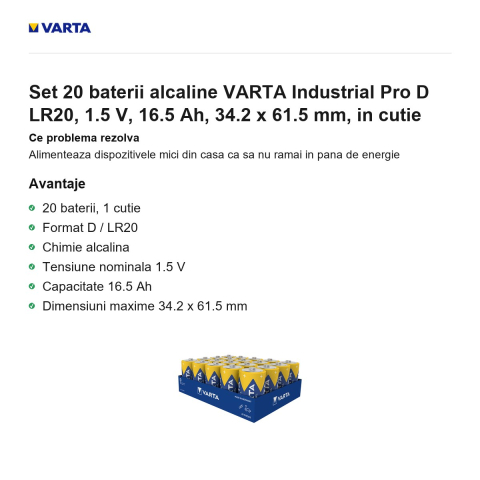 Set 20 baterii alcaline VARTA Industrial Pro D LR20, 1.5 V, 16.5 Ah, 34.2 x 61.5 mm, in cutie [1]