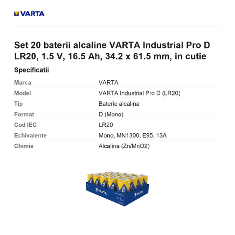 Set 20 baterii alcaline VARTA Industrial Pro D LR20, 1.5 V, 16.5 Ah, 34.2 x 61.5 mm, in cutie [2]