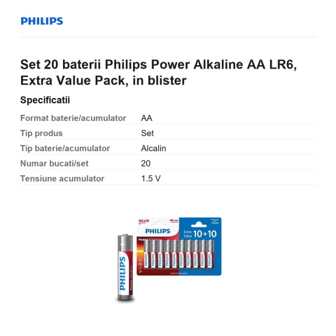 Set 20 baterii Philips Power Alkaline AA LR6, Extra Value Pack, in blister [2]