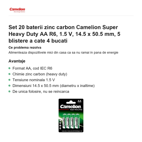 Set 20 baterii zinc carbon Camelion Super Heavy Duty AA R6, 1.5 V, 14.5 x 50.5 mm, 5 blistere a cate 4 bucati [1]
