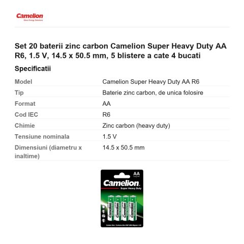 Set 20 baterii zinc carbon Camelion Super Heavy Duty AA R6, 1.5 V, 14.5 x 50.5 mm, 5 blistere a cate 4 bucati [2]