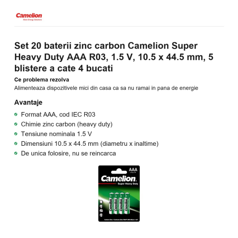 Set 20 baterii zinc carbon Camelion Super Heavy Duty AAA R03, 1.5 V, 10.5 x 44.5 mm, 5 blistere a cate 4 bucati [1]