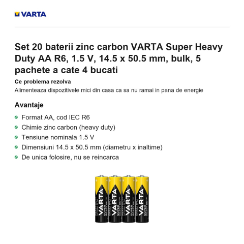 Set 20 baterii zinc carbon VARTA Super Heavy Duty AA R6, 1.5 V, 14.5 x 50.5 mm, bulk, 5 pachete a cate 4 bucati [1]