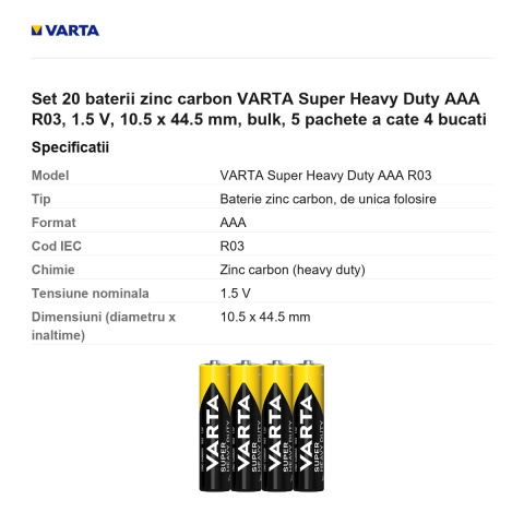 Set 20 baterii zinc carbon VARTA Super Heavy Duty AAA R03, 1.5 V, 10.5 x 44.5 mm, bulk, 5 pachete a cate 4 bucati [2]