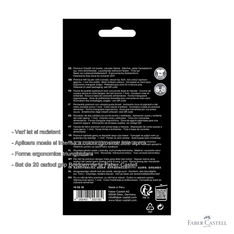 Set 20 carioci Faber-Castell Grip Boldpen, varf lat, forma ergonomica triunghiulara, pentru copii [1]