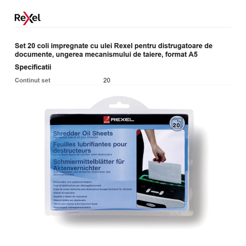 Set 20 coli impregnate cu ulei Rexel pentru distrugatoare de documente, ungerea mecanismului de taiere, format A5 [2]