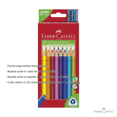 Set 20 creioane colorate Jumbo Faber-Castell, forma triunghiulara ergonomica, cu ascutitoare inclusa, pentru copii [1]