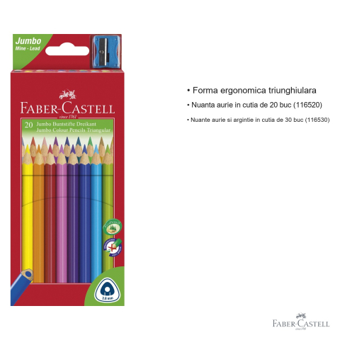 Set 20 creioane colorate Jumbo Faber-Castell, forma triunghiulara ergonomica, cu ascutitoare inclusa, pentru copii [2]
