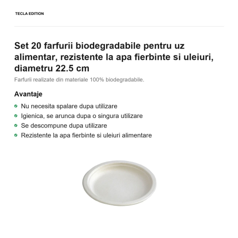 Set 20 farfurii biodegradabile pentru uz alimentar, rezistente la apa fierbinte si uleiuri, diametru 22.5 cm [1]