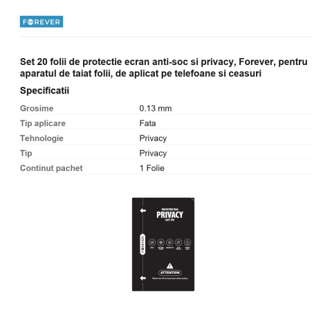 Set 20 folii de protectie ecran anti-soc si privacy, Forever, pentru aparatul de taiat folii, de aplicat pe telefoane si ceasuri [2]