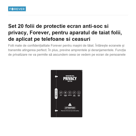 Set 20 folii de protectie ecran anti-soc si privacy, Forever, pentru aparatul de taiat folii, de aplicat pe telefoane si ceasuri [1]