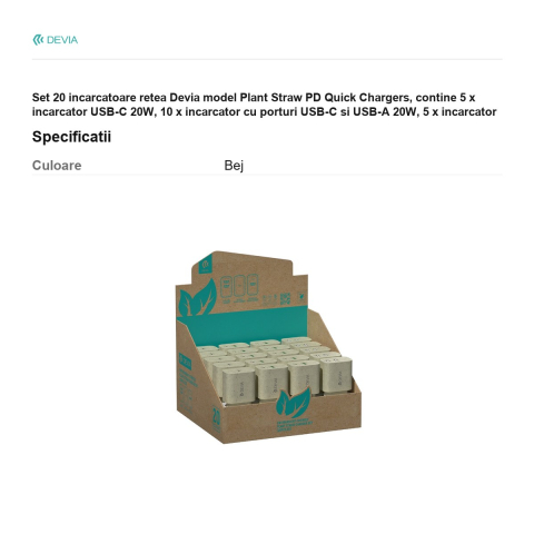 Set 20 incarcatoare retea Devia model Plant Straw PD Quick Chargers, contine 5 x incarcator USB-C 20W, 10 x incarcator cu porturi USB-C si USB-A 20W, 5 x incarcator cu 2 porturi USB-A 2.4A,  bej [2]