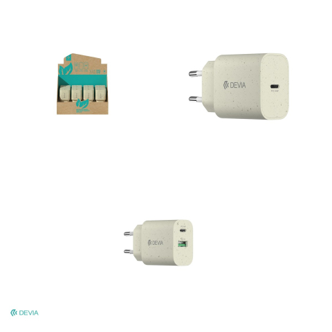 Set 20 incarcatoare retea Devia model Plant Straw PD Quick Chargers, contine 5 x incarcator USB-C 20W, 10 x incarcator cu porturi USB-C si USB-A 20W, 5 x incarcator cu 2 porturi USB-A 2.4A,  bej [3]