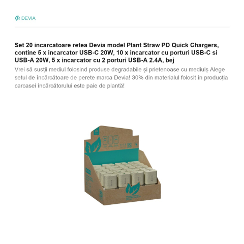 Set 20 incarcatoare retea Devia model Plant Straw PD Quick Chargers, contine 5 x incarcator USB-C 20W, 10 x incarcator cu porturi USB-C si USB-A 20W, 5 x incarcator cu 2 porturi USB-A 2.4A,  bej [1]