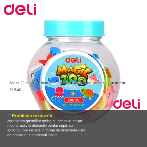 Set 20 radiere in forma de animalute Deli Mini Zoo, ambalate in borcan plastic, pentru copii [1]