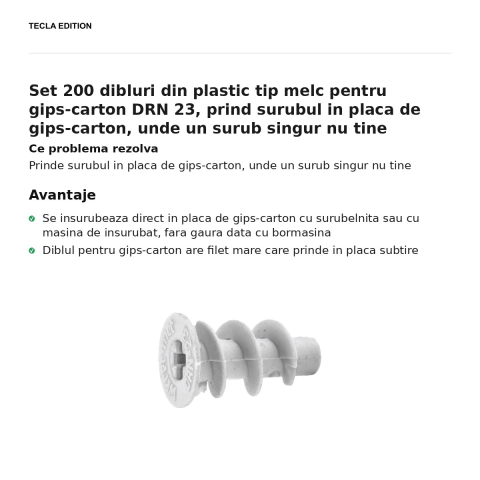 Set 200 dibluri din plastic tip melc pentru gips-carton DRN 23, prind surubul in placa de gips-carton, unde un surub singur nu tine [1]