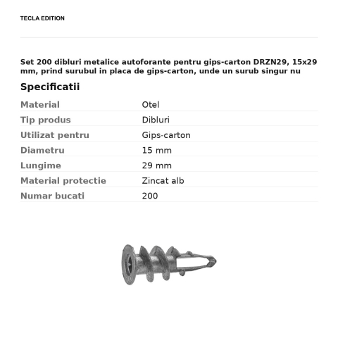 Set 200 dibluri metalice autoforante pentru gips-carton DRZN29, 15x29 mm, prind surubul in placa de gips-carton, unde un surub singur nu tine [2]