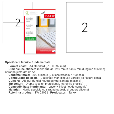 Set 200 etichete autoadezive A4, 100 coli, 2 etichete/coala, 210x148.5 mm, albe, colturi drepte, pentru imprimante laser si inkjet, Tanex TW-2102 [2]