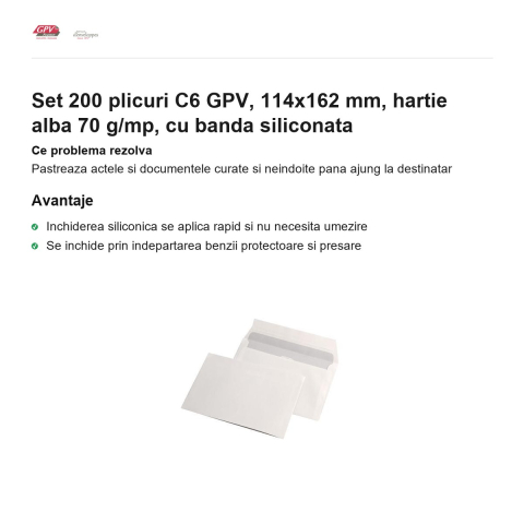 Set 200 plicuri C6 GPV, 114x162 mm, hartie alba 70 g/mp, cu banda siliconata [1]
