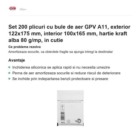 Set 200 plicuri cu bule de aer GPV A11, exterior 122x175 mm, interior 100x165 mm, hartie kraft alba 80 g/mp, in cutie [1]