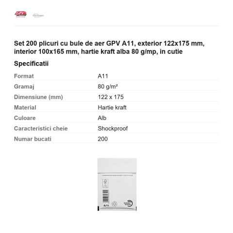 Set 200 plicuri cu bule de aer GPV A11, exterior 122x175 mm, interior 100x165 mm, hartie kraft alba 80 g/mp, in cutie [2]