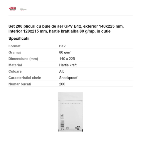Set 200 plicuri cu bule de aer GPV B12, exterior 140x225 mm, interior 120x215 mm, hartie kraft alba 80 g/mp, in cutie [2]