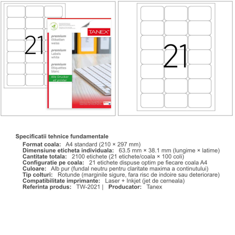 Set 2100 etichete autoadezive, 100 coli A4, 21 etichete/coala, 63.5x38.1 mm, albe, colturi rotunde, pentru imprimante laser si inkjet, Tanex TW-2021 [2]