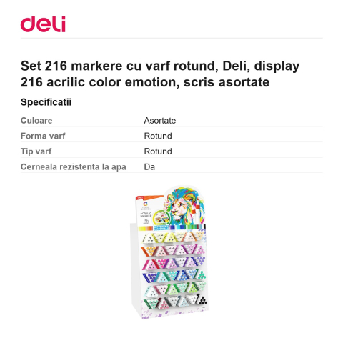 Set 216 markere cu varf rotund, Deli, display 216 acrilic color emotion, scris asortate [2]