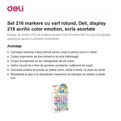 Set 216 markere cu varf rotund, Deli, display 216 acrilic color emotion, scris asortate [1]