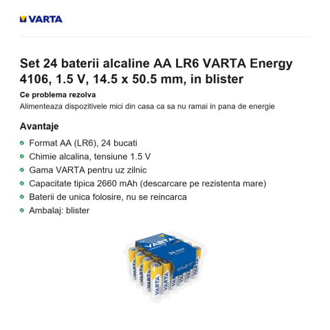 Set 24 baterii alcaline AA LR6 VARTA Energy 4106, 1.5 V, 14.5 x 50.5 mm, in blister [1]