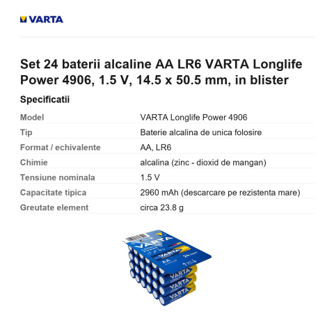 Set 24 baterii alcaline AA LR6 VARTA Longlife Power 4906, 1.5 V, 14.5 x 50.5 mm, in blister [2]