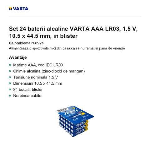 Set 24 baterii alcaline VARTA AAA LR03, 1.5 V, 10.5 x 44.5 mm, in blister [1]