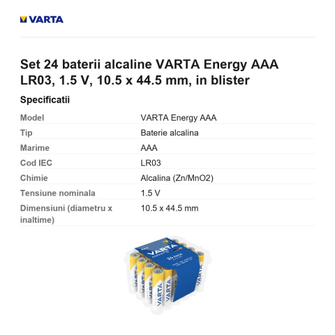 Set 24 baterii alcaline VARTA Energy AAA LR03, 1.5 V, 10.5 x 44.5 mm, in blister [2]