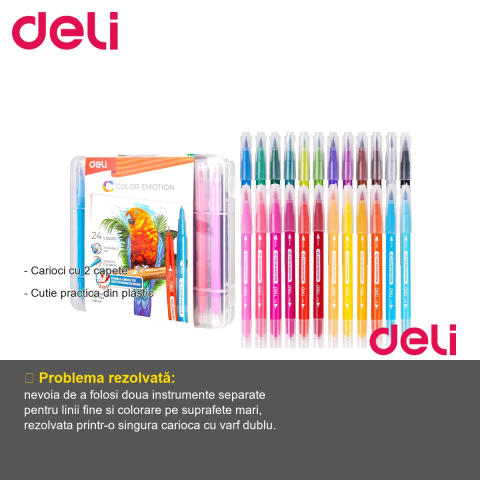 Set 24 carioci cu varf dublu Deli, varf pensula si varf fin, pentru colorat si desen artistic [1]