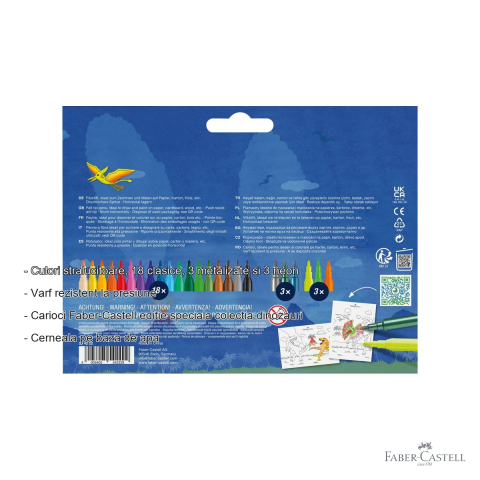 Set 24 carioci Faber-Castell colectia Dinozauri, 18 clasice + 3 metalizate + 3 neon, cu stickere, pentru copii [1]