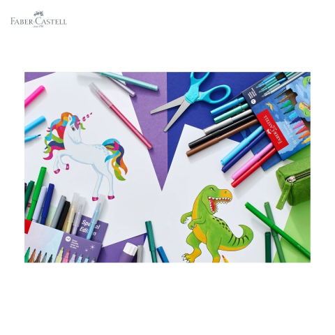 Set 24 carioci Faber-Castell colectia Dinozauri, 18 clasice + 3 metalizate + 3 neon, cu stickere, pentru copii [4]
