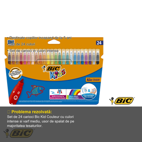 Set 24 carioci ultralavabile Bic Kid Couleur, varf mediu, culori intense, pentru copii de la 5 ani [2]