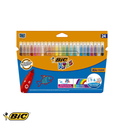 Birotica papetarie - Set 24 carioci ultralavabile Bic Kid Couleur, varf mediu, culori intense, pentru copii de la 5 ani