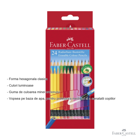 Set 24 creioane colorate cu guma Faber-Castell, forma hexagonala, eco, pentru scoala si desen creativ [1]